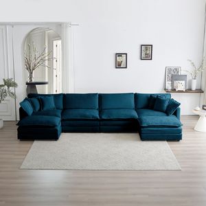 Divano componibile a U in ciniglia blu, reversibile, con pouf extra, comodo e ampio per il soggiorno - Product Image 1