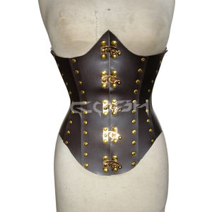 Corsé de cuero genuino marrón oscuro estilo Steampunk con cierre de gancho dorado y detalles de tachuelas - Product Image 3