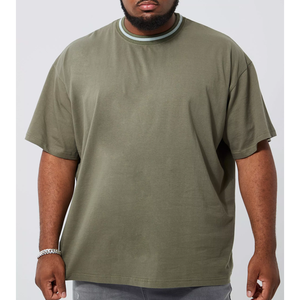 Wholesale 2026 <b>Olive</b> <b>Green</b> Oversized Cotton Jersey O-Neck Short Sleeve <b>T</b>-<b>Shirt</b> Men Casual Solid Color Contrast Trim Fit - Product Image 1