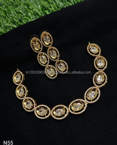 Classic American Ethnic Diamond Brass Bridal Jewelry <b>Set</b> Two-Piece <b>Necklace</b> and Earrings Antique <b>Silver</b> Plated for Wedding Party - Product Image 1