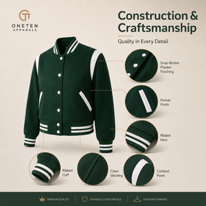 Women's Cropped Varsity Jacket Green <b>White</b> Contrast Panel Snap Closure OEM Supplier Custom Logo - Product Image 3