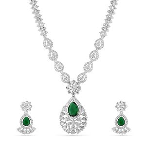Ensemble collier et boucles d'oreilles en alliage plaqué argent avec design de fleurs en cristal vert et strass, bijoux de mariage pour femmes - Product Image 1