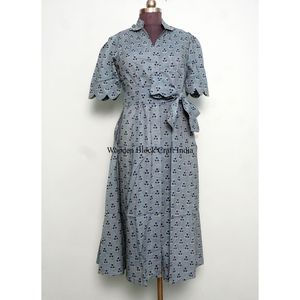 Robe midi décontractée vintage pour femme 100 % coton à manches courtes, imprimé floral, col en V, fermeture boutonnée, coupe trapèze, doublure en coton tissé - Product Image 1