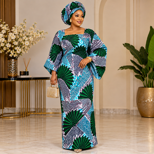 Tissu Ankara africain de qualité supérieure vert turquoise avec motif géométrique en éventail pour la confection de robes pour femmes - Product Image 2