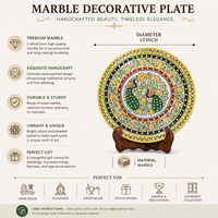 Assiette décorative en marbre artisanale de 12 pouces avec motif paon |   Plaque murale en marbre |   Décoration de table de luxe et articles cadeaux