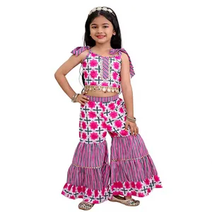 Cotton Woven Mesh Sleeveless Floral Printed Top & Sharara Set Outdoor Wear - Product Image 1