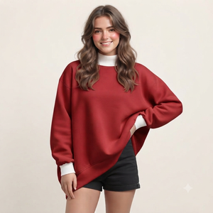 เสื้อสเวตเชิ้ตโอเวอร์ไซส์สีแดงสำหรับผู้หญิง คอเต่า แขนยาว ผ้าฝ้าย 100% สีพื้น ทรงเอซิมเมตริก ถักนิต สไตล์ฤดูใบไม้ร่วง - Product Image 1