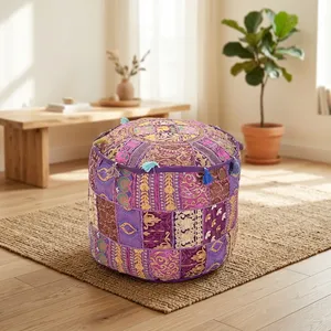 SILKGRAM <b>Vintage</b> Patchwork Embroidery Ottoman Pouf Cover Removable Zipper Closure 100% Cotton Round Footstool <b>Stool</b> for Home Use - Product Image 1