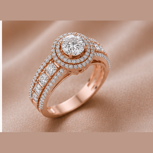 Anillo de Compromiso con Diamante de Laboratorio en Oro Rosa, Doble Halo Redondo en el Centro y Banda con Corte Princesa, Joyería Fina OEM ODM - Product Image 4