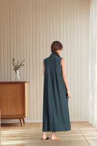 Robe longue à capuche en coton et lin à manches courtes pour femme, longueur genou, style caftan, grande taille, coupe droite, éco-responsable, mode B2B - Product Image 3