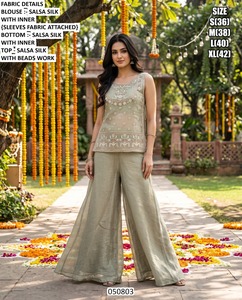 Conjunto de Top Corto Bordado con Cuentas y Pantalones Palazzo de Seda Salsa, Estilo Tradicional Holgado para Mujer, Ideal para Fiestas - Product Image 4