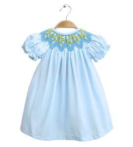 Vestidos para Niñas, Color Azul Claro, Estilo Smocked, Floral, Hombros Descubiertos, Manga Abullonada, Algodón, Corte A, Mini, Verano, Estilo Prairie Chic - Product Image 4