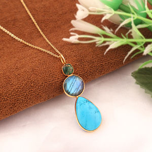 Wholesale brass necklace mohave emerald copper turquoise labradorite turquoise pendant 18k gold plated bezel set chain necklace - Product Image 2