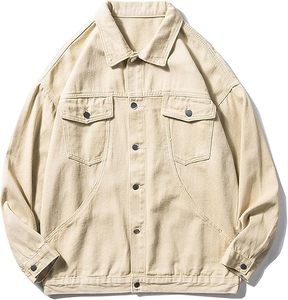 Men's Beige Denim Jacket Regular Fit Solid Color Button Closure Casual Style Autumn Wear 100% Cotton - Product Image 4