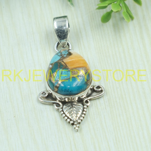 Pendentif en argent sterling 925 avec turquoise d'huître épineuse orange, fait main, style bohème vintage, motif feuille, bijou en pierre précieuse, cadeau unisexe pour elle - Product Image 6