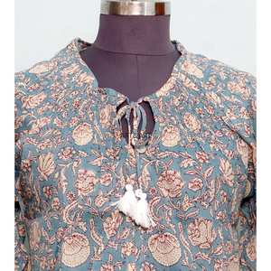 Haut en coton imprimé à la main indien pour femme, doux, fait main, style bohème décontracté vintage, manches mi-ballon, taille naturelle, idéal pour l'été - Product Image 2