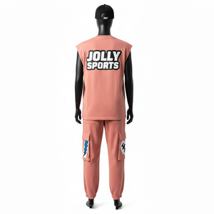 Men Sleeveless Two Piece Set Cotton Polyester Fabric 230 GSM Breathable <b>Peach</b> Tone Custom Logo Sleeveless <b>shirt</b> and pant men's - Product Image 2