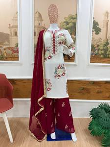 Designer faux georgette kurti pant set with heavy embroidery <b>sequins</b> gota piping pearl moti dupatta festive ethnic wear - Product Image 6