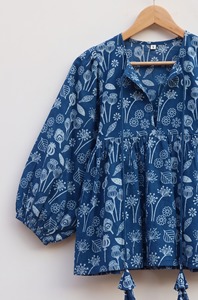 Indigo Floral Hand Block Print Women's <b>Tank</b> <b>Top</b> 100% Cotton Breathable <b>Lace</b> Bow Casual Ethnic Boho - Product Image 4