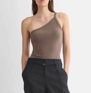 Women's Asymmetric 100% Cotton Knitted Rib Textured <b>One</b> Shoulder Tank <b>Top</b> Solid Deep Taupe Color Breathable Quick Dry - Product Image 2