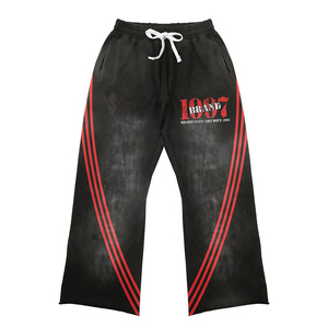 ชุดวอร์มผ้าฟลีซวินเทจลาย ACID WASH สำหรับผู้ชาย สไตล์สตรีทแวร์ สีแดง แถบข้างลาย Patti กางเกงทรงขาบาน พิมพ์ลายสกรีน - Product Image 4