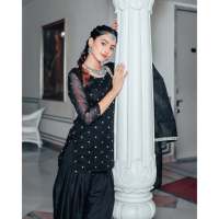 Ensemble de costume Patiala pour femmes, taille XS, écologique, noir pierre, tissu en mousseline, matière en georgette