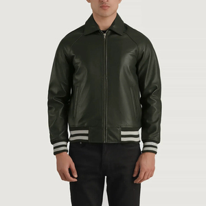 Chaqueta de Cuero Genuino para Hombre, Estilo Bomber, Cuello Camisero, Forro de Piel Sintética, Cierre de Cremallera, Resistente al Viento, Estilo Motero - Product Image 3
