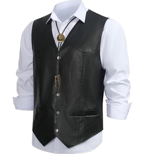 Custom Logo <b>Men</b> <b>Leather</b> Vest Cowhide <b>Leather</b> Biker <b>Waistcoat</b> Heavy Duty Button Closure Outerwear Clothing With Front Pockets - Product Image 3