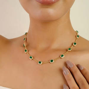14K White Gold Octagon 6.2 Ct Emerald Cut Emerald & Natural Diamond Halo Vintage Link Necklace - Product Image 5