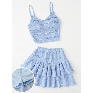 Ensemble coordonné bleu ciel à volants smockés, jupe mini étagée texturée et camisole, ensemble deux pièces d'été serein à volants smockés - Product Image 6