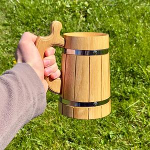 Premium Handcrafted Wooden Beer <b>Mug</b> Natural Oak Viking Tankard Rustic Barrel Style Wooden Drinking <b>Mug</b> with Stainless Steel Band - Product Image 2
