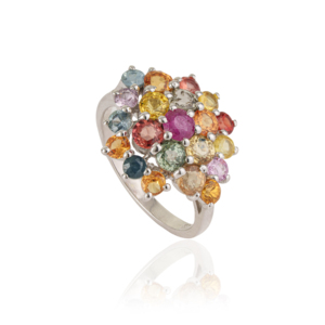 Anillo de Plata de Ley 925 con Diseño Floral en Forma de Cúpula, Zafiro Multicolor de Corte Redondo, Gema Natural, Joyería Fina - Product Image 3