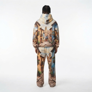 Conjunto de Chándal para Hombre con Sudadera con Cremallera y Estampado Urbano y Pantalones de Pierna Ancha, en Beige, Azul y Marrón, Estilo Urbano Personalizado - Product Image 2