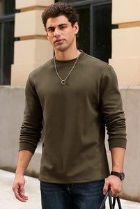 T-shirt à manches longues vert olive pour homme, couleur unie, col rond, coupe décontractée, t-shirt classique - Product Image 6