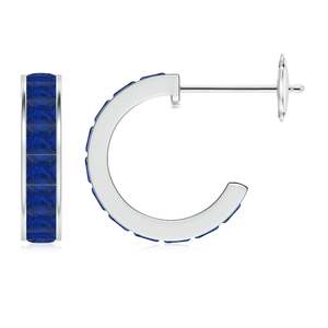 Blue Sapphire Hoop <b>Earrings</b> 14kt Yellow Gold Channel Set Princess Cut Sapphire <b>Fine</b> Jewelry for Women - Product Image 1