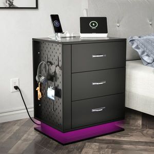 Comodino Nero con 3 Cassetti Lato Destro, Stazione di Ricarica LED RGB con Porte USB, Arredamento Camera da Letto - Product Image 3
