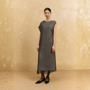 Vestido Maxi de Seda Organza a Rayas para Verano, Tejido Transparente, Hombro Asimétrico, Abertura Lateral, Transpirable, Corte Holgado, Elegante y Casual - Product Image 1