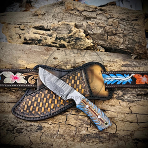 Couteau de chasse et de camping à lame fixe en acier Damas, manche en résine, forme de lame Drop Point, qualité industrielle, garantie 3 ans, étui en cuir - Product Image 1