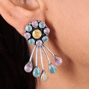 Boucles d'oreilles pendantes tendance en laiton oxydé avec pierre œil-de-chat colorée, motif floral rond, bijoux pour femme, cadeau, vente en gros - Product Image 1