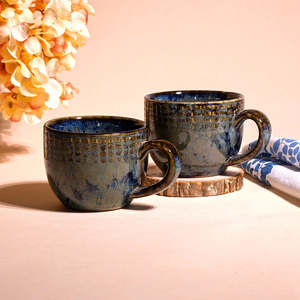 Blue Glossy Ceramic <b>Tea</b> Cup Set of 2 Microwave Safe Striped Pattern Japandi Style <b>Mug</b> with Saucer Japanese Inspired Design - Product Image 5