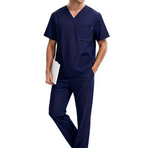 Men's Red V-Neck <b>Scrub</b> <b>Top</b> With Three Pockets Hospital Uniform Cotton Polyester Woven Fabric - Product Image 2