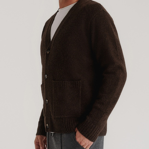 Men's Brown V-neck <b>Cardigan</b> Full Sleeve Solid Color Button Closure <b>Thick</b> Wool Knit Autumn Wear Regular Fit - Product Image 1