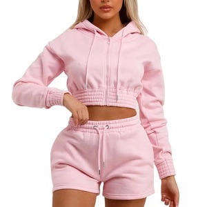 Conjunto de Sudadera con Capucha y Pantalones Cortos para Otoño/Invierno, Diseño OEM Cosido a Máquina, Sudadera Corta Lisa Teñida y Pantalones Cortos, Conjunto de Dos Piezas para Mujer - Product Image 5