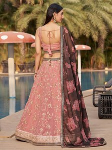 Pink Organza Embroidered <b>Lehenga</b> Set With Floral Print And Spaghetti Strap Crop Top For Bridesmaid - Product Image 4