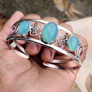 Pulsera Ajustable de Plata con Calcedonia Natural Aqua, Plata de Ley 925, Joyería Artesanal con Piedras Preciosas, Venta al Por Mayor - Product Image 1