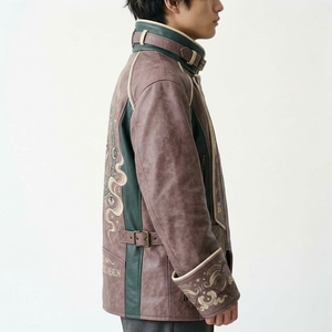 Hand Embroidery Eye Pattern Mandarin Collar Zipper Closure Streetwear Style Autumn Wear Men's <b>Real</b> <b>Leather</b> <b>Jacket</b> - Product Image 3