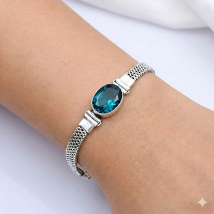 Samrat Jewels - Brazalete Fino de Plata 925 con Baño de Plata, Hecho a Mano, con Cuentas en Forma de Béisbol, Estilo Bohemio, para Mujer, con Indicolite de Corte Ovalado, Ajustable, para Regalo - Product Image 3