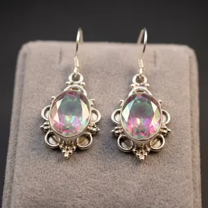 Vintage 925 Silver Drop <b>Earrings</b> With Oval Topaz Gemstone Bezel Setting For Women Party Jewelry - Product Image 3