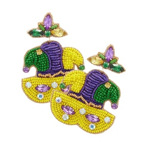 Mardi Gras joyería con cuentas flamenco pendiente verde/púrpura amarillo Mardi Gras semilla bordado con cuentas pendientes de la India hechos a mano - Product Image 4