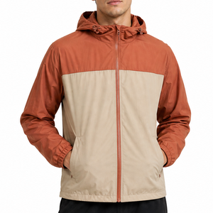 Veste coupe-vent à capuche pour homme, très tendance, bicolore orange et beige, fermeture éclair, style décontracté, pour l'automne - Product Image 1